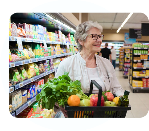 Senior lady shopping for healthy groceries and smiling